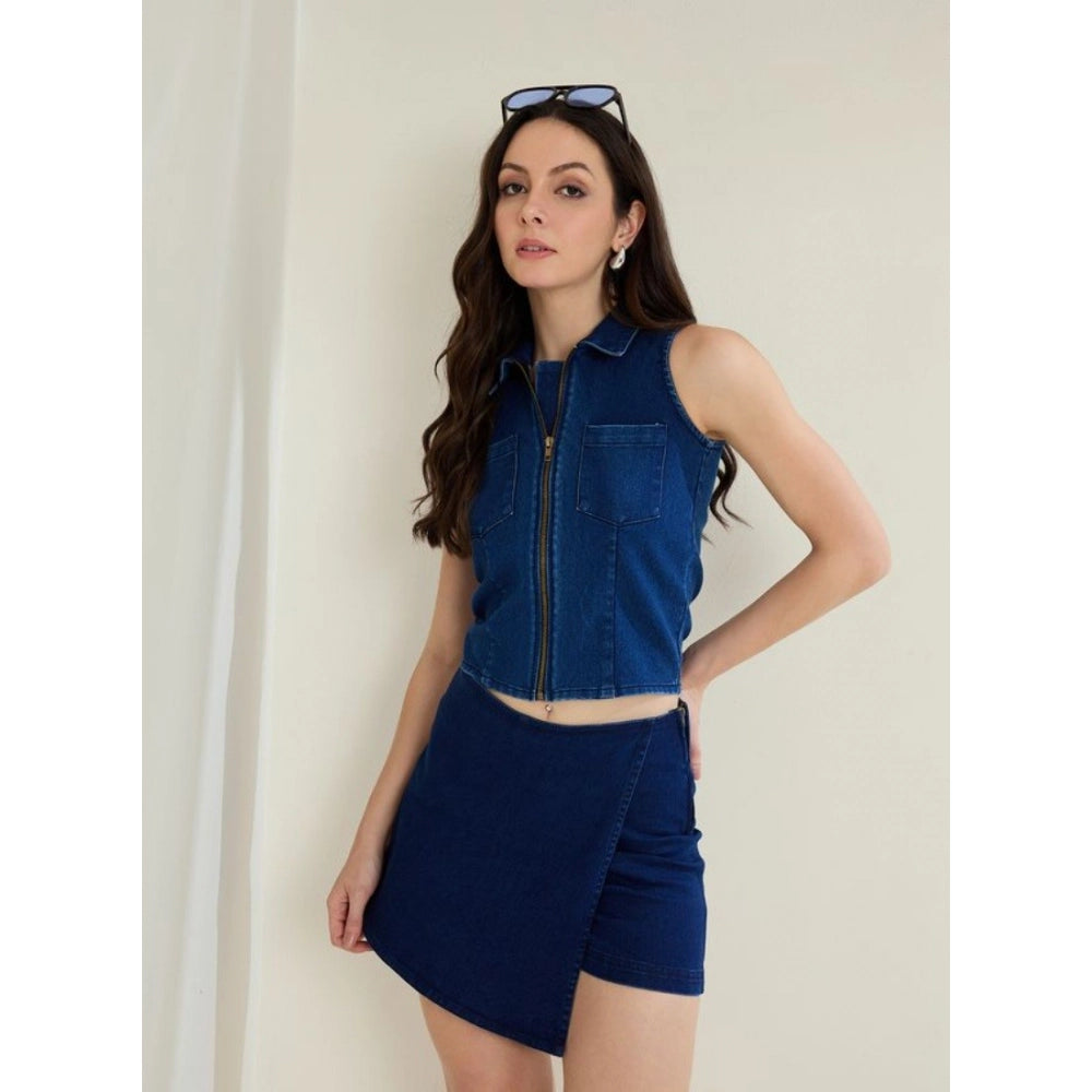 Vaystra Denim Lycra Solid Sleeveless Top – Blue