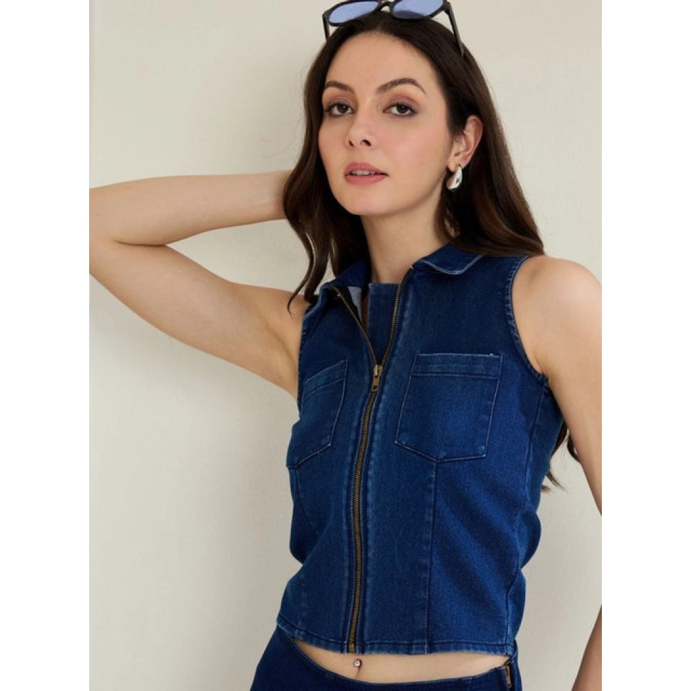 Vaystra Denim Lycra Solid Sleeveless Top – Blue