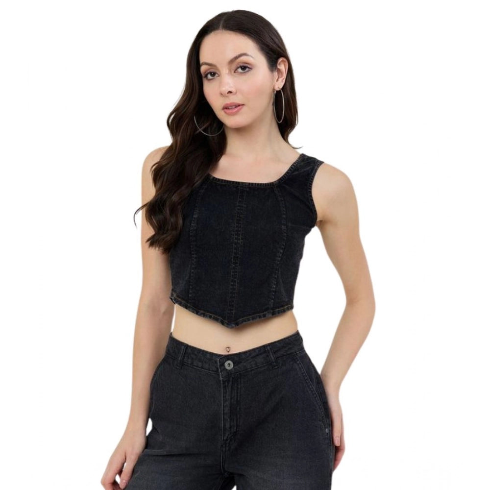 Vaystra Denim Lycra Solid Sleeveless Top – Black