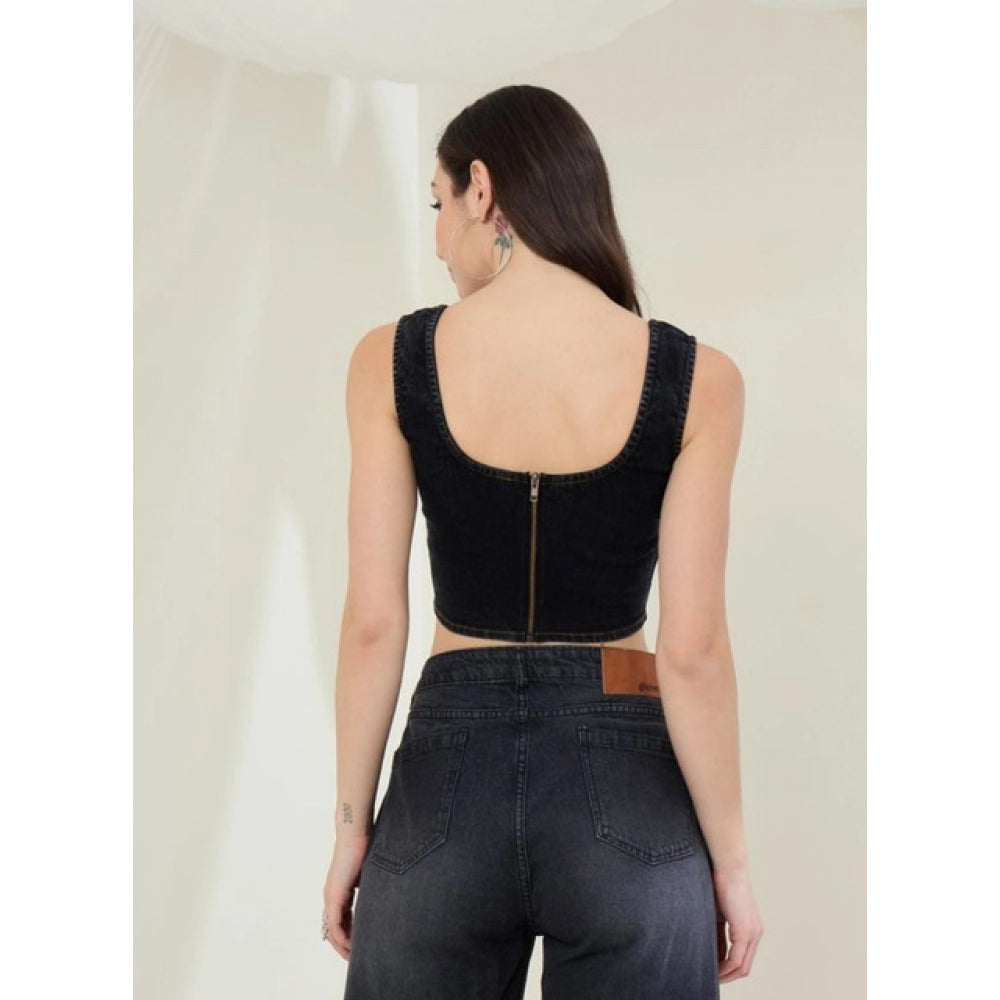 Vaystra Denim Lycra Solid Sleeveless Top – Black