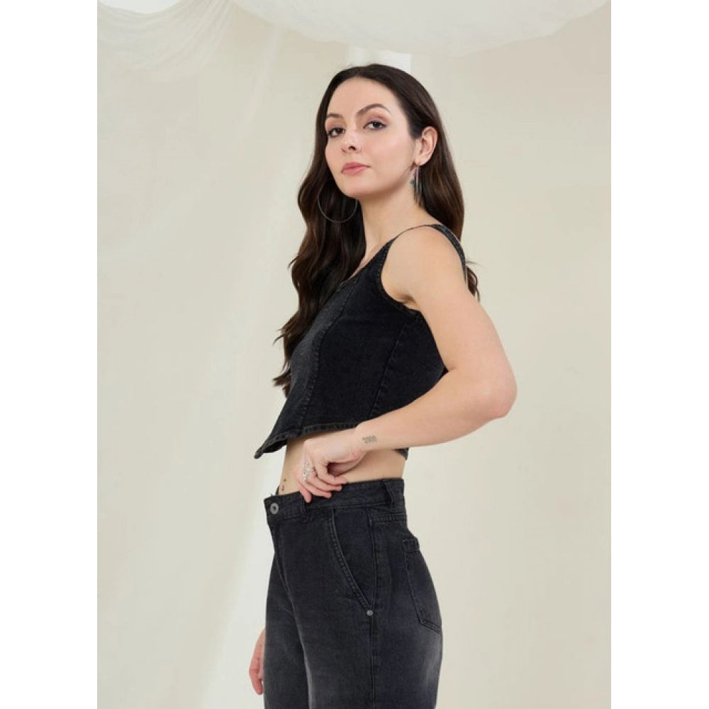 Vaystra Denim Lycra Solid Sleeveless Top – Black