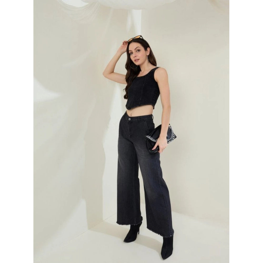 Vaystra Denim Lycra Solid Sleeveless Top – Black