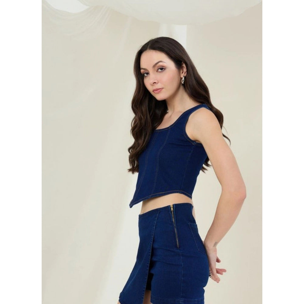 Vaystra Denim Lycra Solid Sleeveless Top – Blue