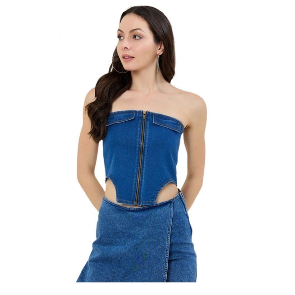 Vaystra Denim Lycra Solid Sleeveless Top – Blue