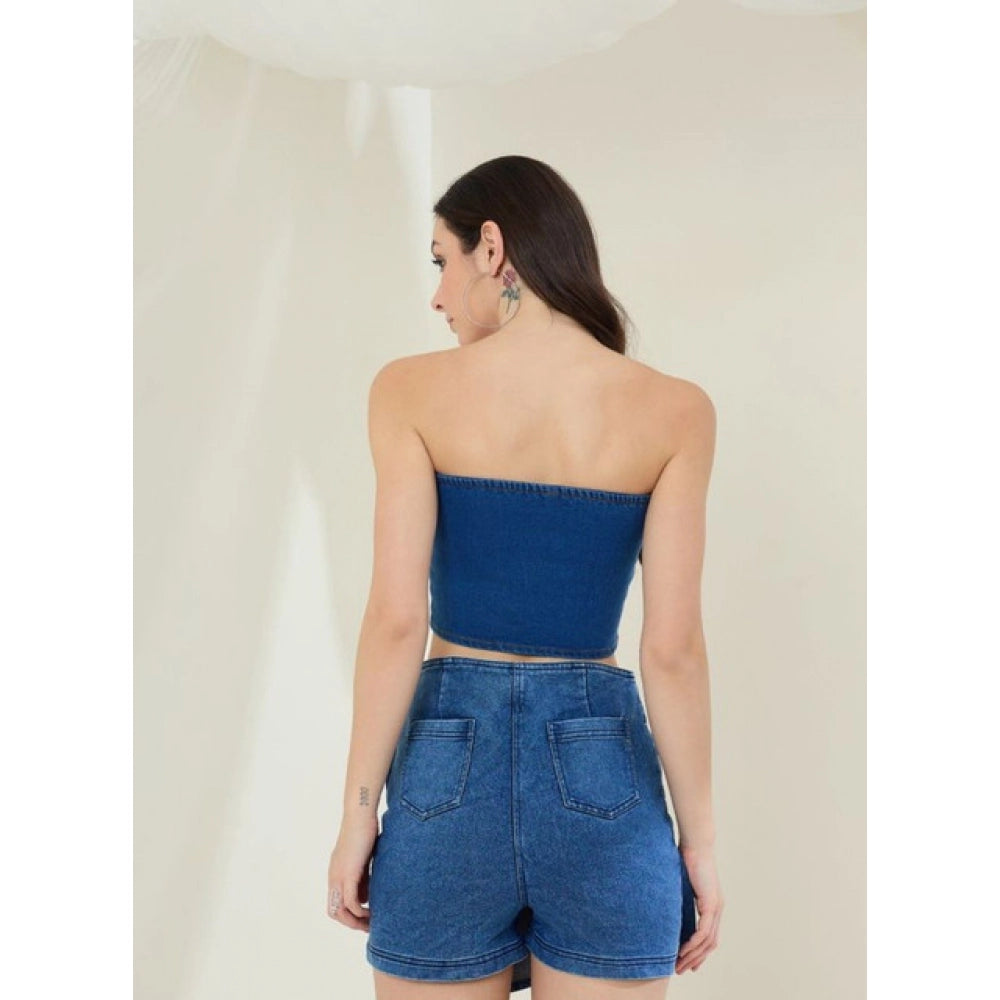 Vaystra Denim Lycra Solid Sleeveless Top – Blue
