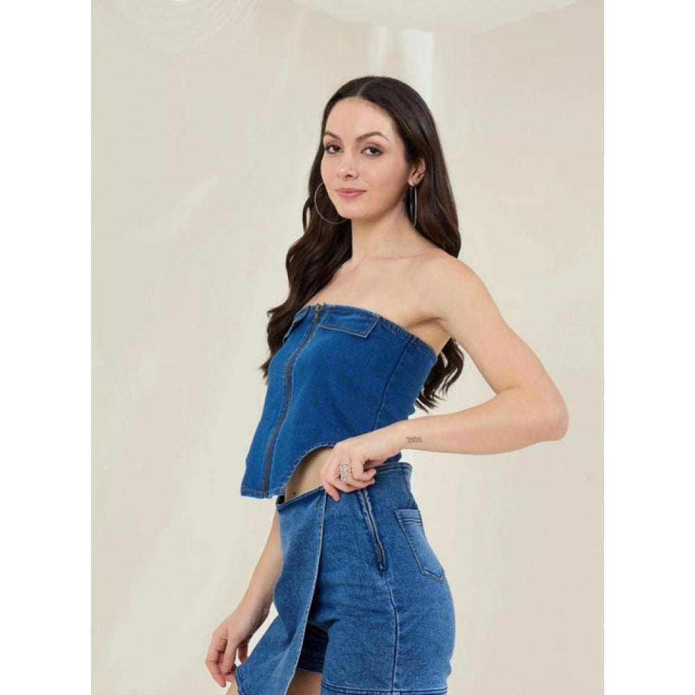 Vaystra Denim Lycra Solid Sleeveless Top – Blue