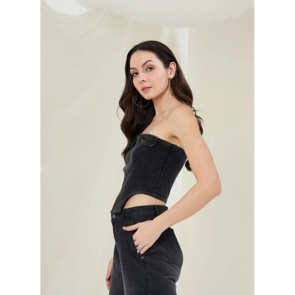 Vaystra Denim Lycra Solid Sleeveless Top – Black