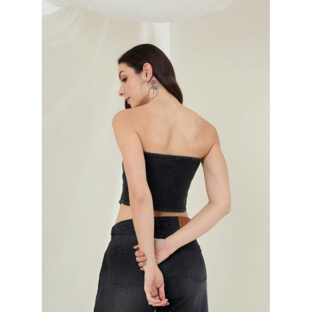 Vaystra Denim Lycra Solid Sleeveless Top – Black