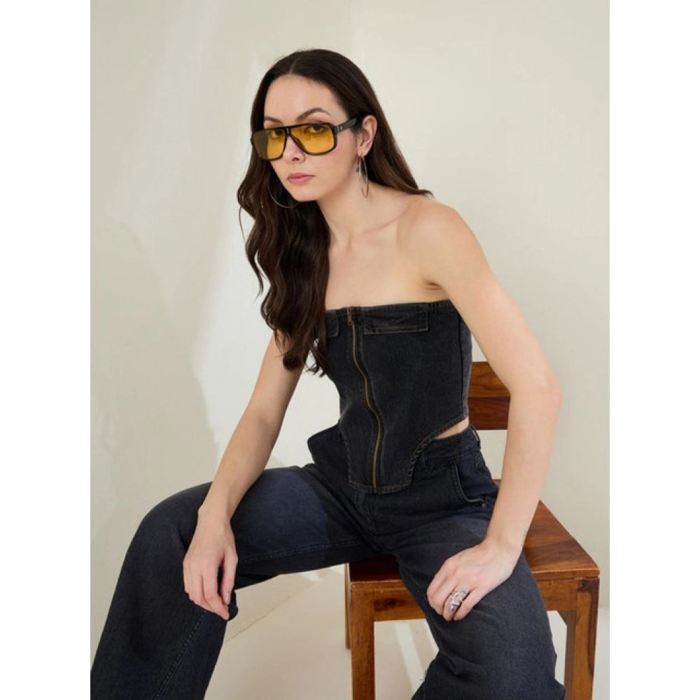 Vaystra Denim Lycra Solid Sleeveless Top – Black
