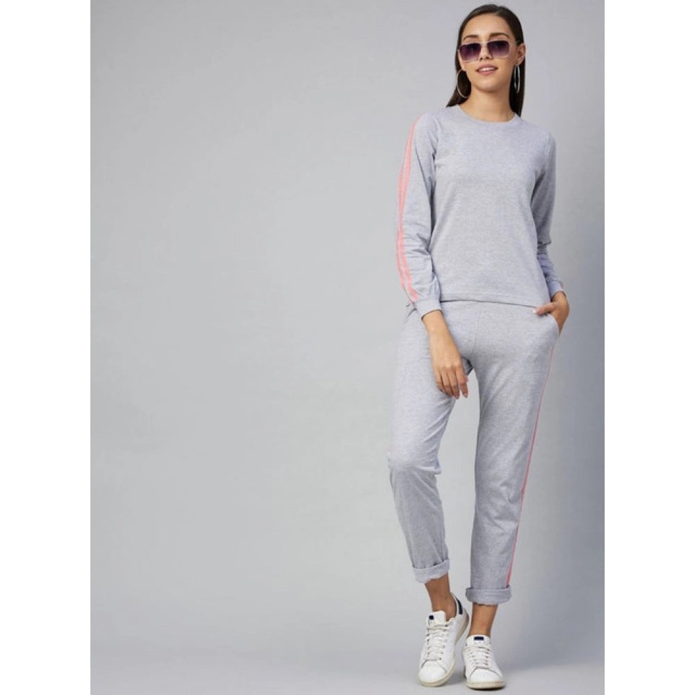 Vaystra Cotton Solid Long Sleeves Tracksuit – Light Grey-Pink