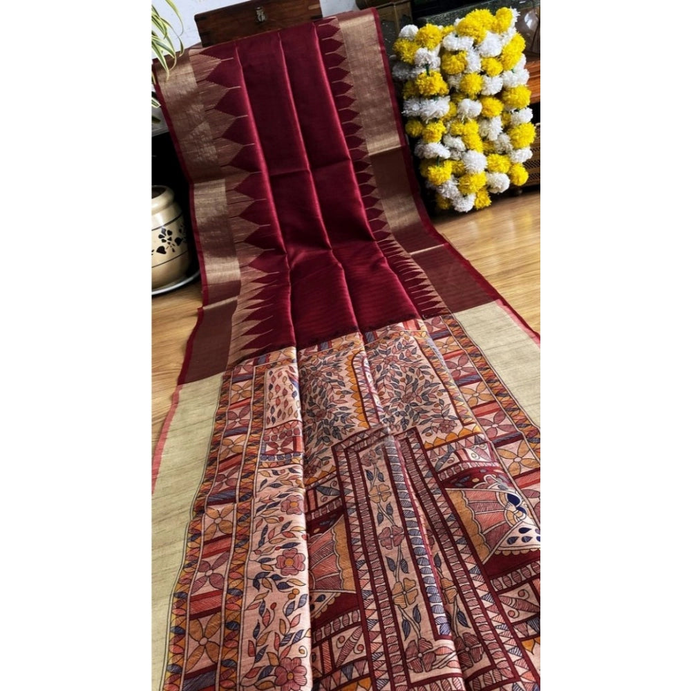 Vaystra Tussar Silk Madhubani Saree With Unstitched Blouse 5.5Mtr – Maroon