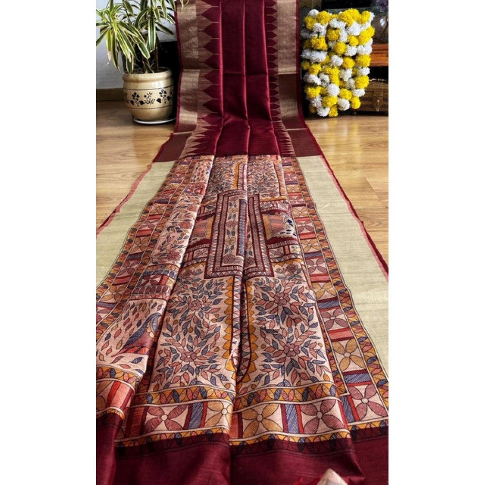 Vaystra Tussar Silk Madhubani Saree With Unstitched Blouse 5.5Mtr – Maroon