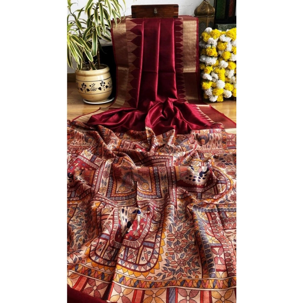 Vaystra Tussar Silk Madhubani Saree With Unstitched Blouse 5.5Mtr – Maroon