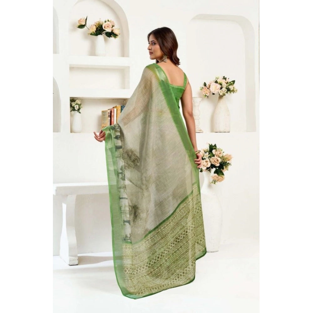 Vaystra Faux Linen Printed Ready to wear Saree With Unstitched Blouse 5.5Mtr – Light_Green