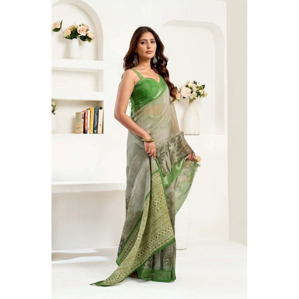 Vaystra Faux Linen Printed Ready to wear Saree With Unstitched Blouse 5.5Mtr – Light_Green