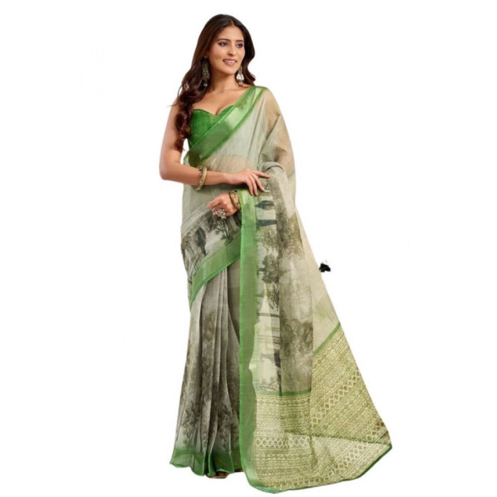 Vaystra Faux Linen Printed Ready to wear Saree With Unstitched Blouse 5.5Mtr – Light_Green