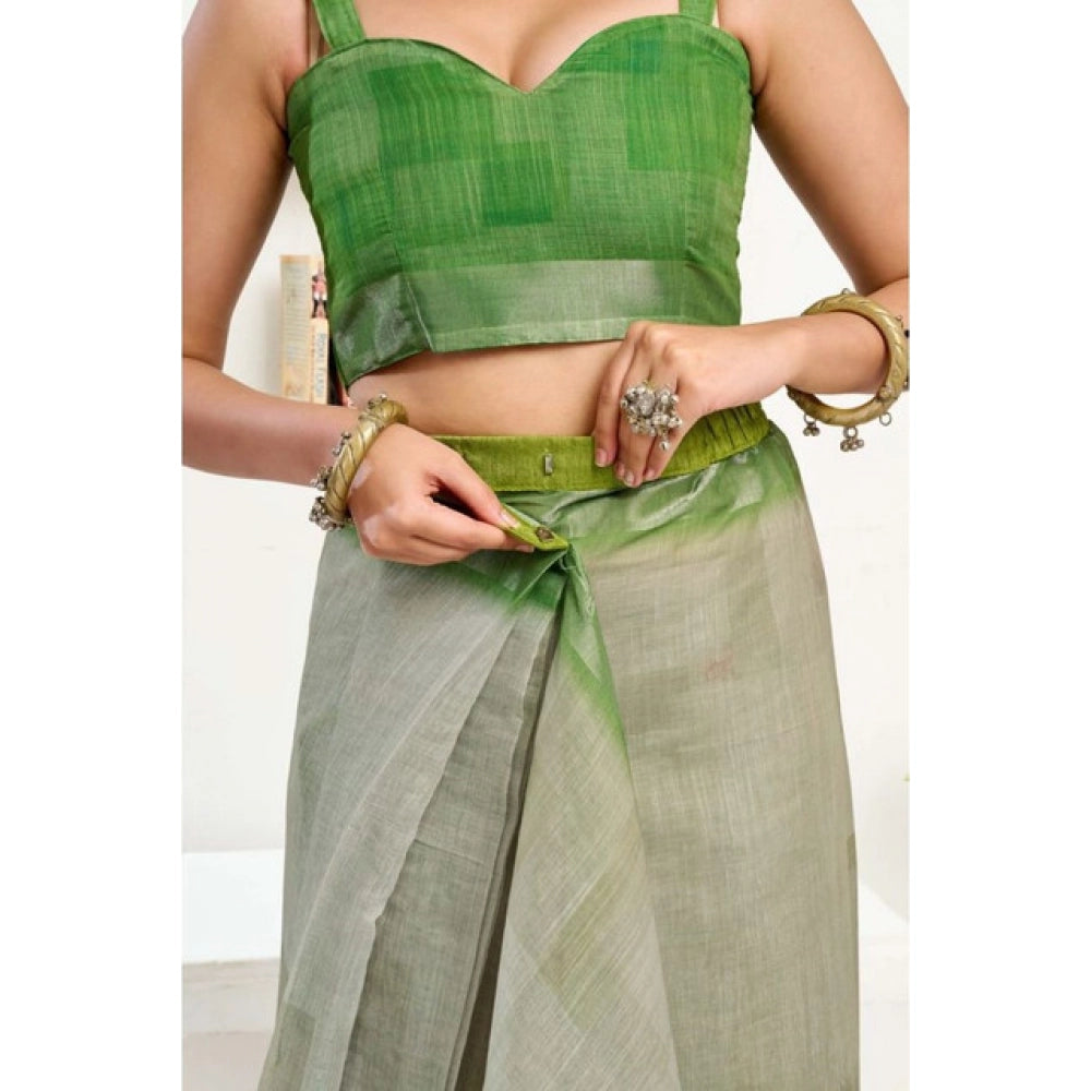 Vaystra Faux Linen Printed Ready to wear Saree With Unstitched Blouse 5.5Mtr – Light_Green