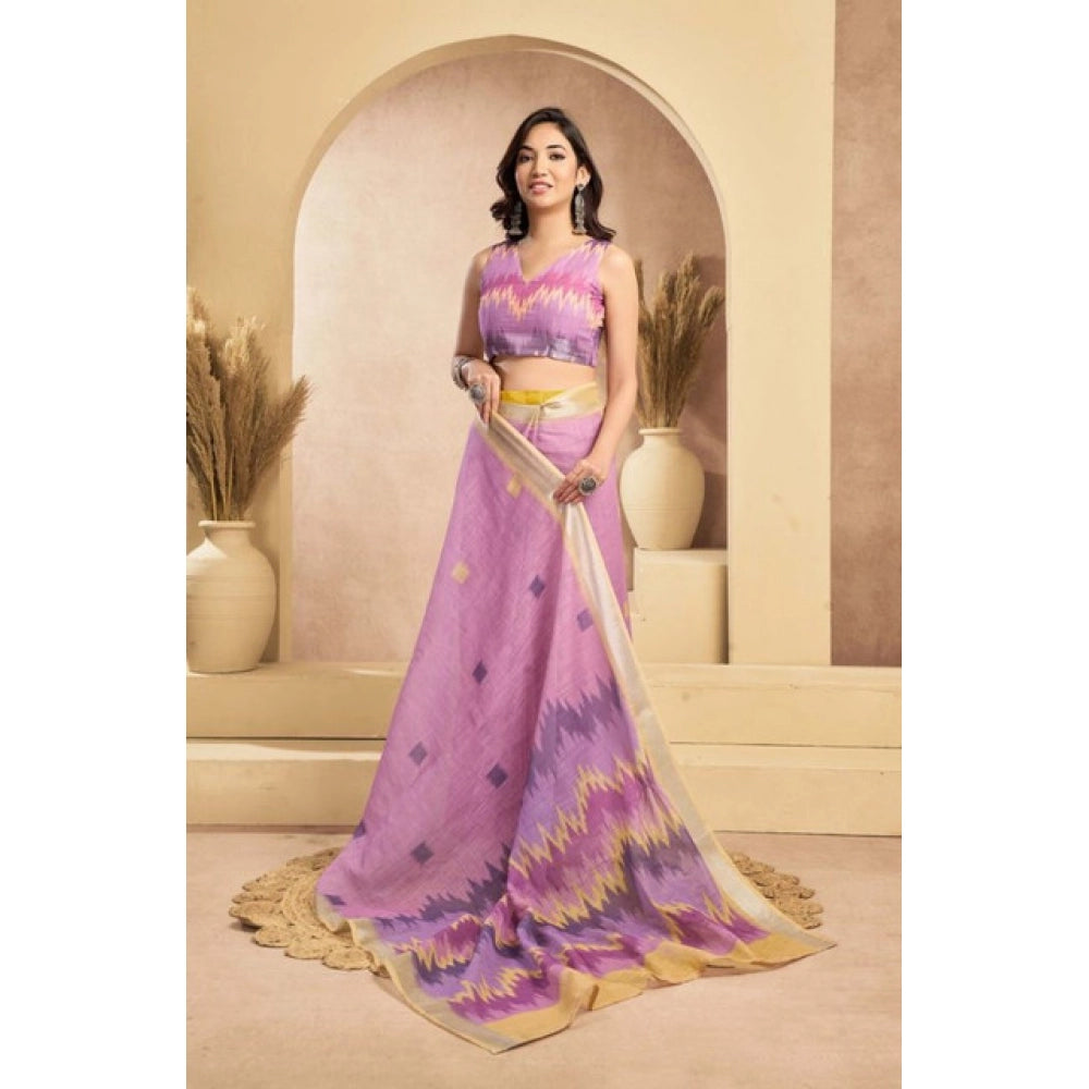 Vaystra Faux Linen Floral Ready to wear Saree With Unstitched Blouse 5.5Mtr – Lavender