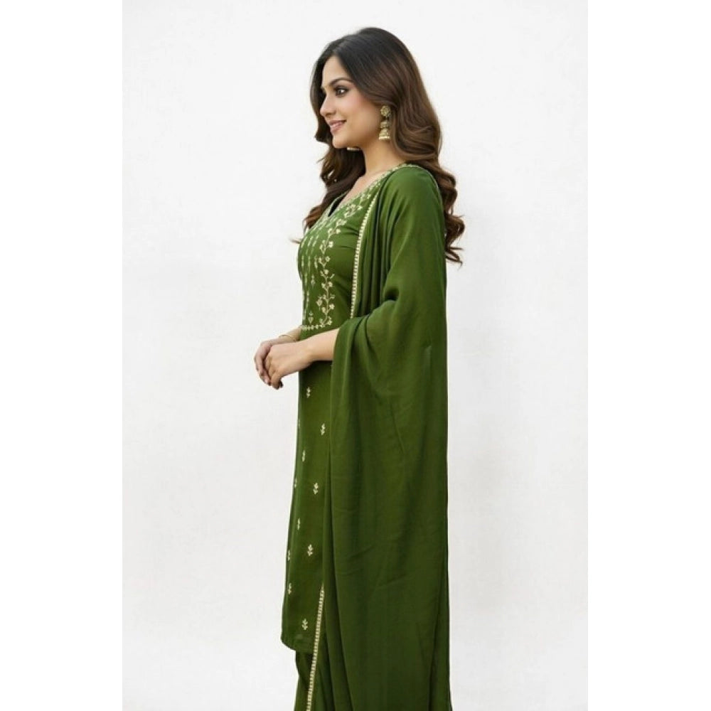 Vaystra Georgette Ethnic Motif Round 3/4th Sleeve Kurti With Pant Dupatta Set – Mahendi