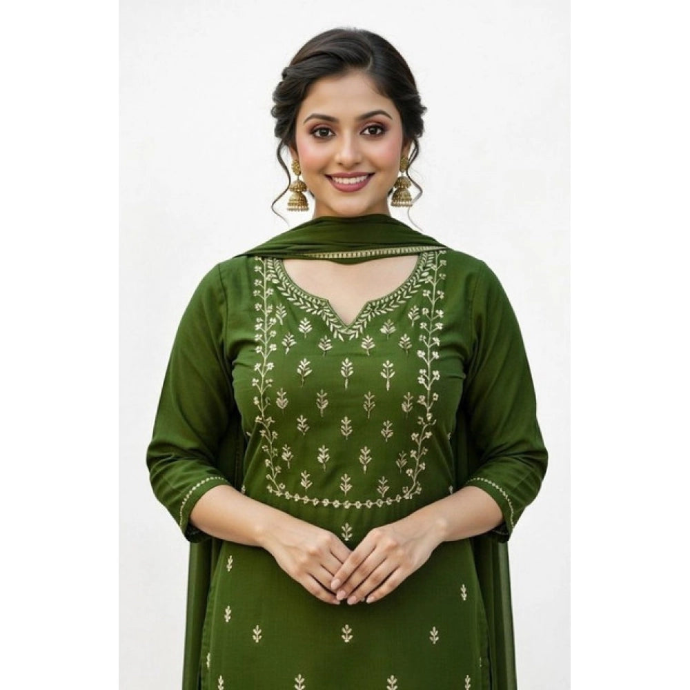 Vaystra Georgette Ethnic Motif Round 3/4th Sleeve Kurti With Pant Dupatta Set – Mahendi