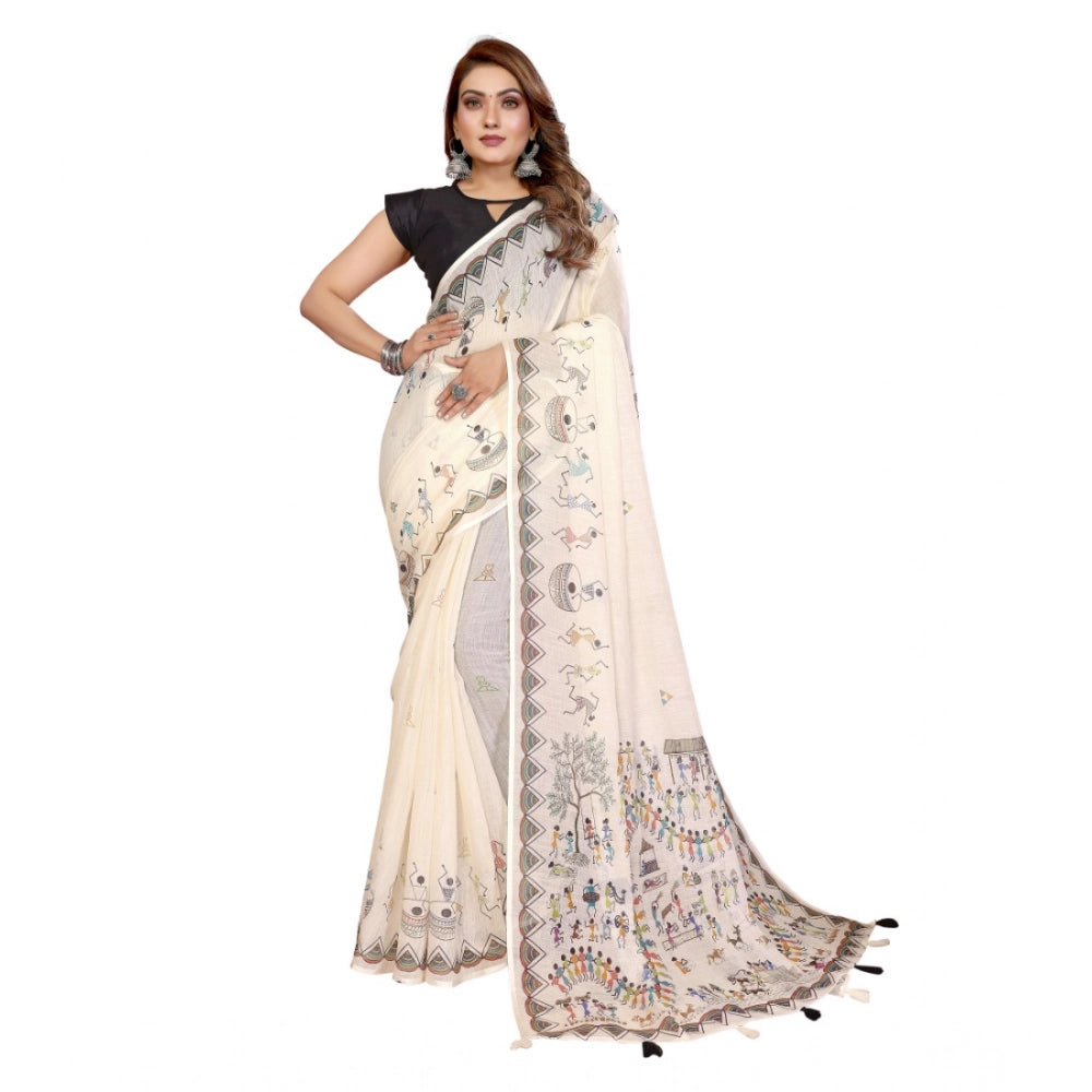 Vaystra Linen Cotton Printed Saree With Unstitched Blouse 5.5Mtr – Off White