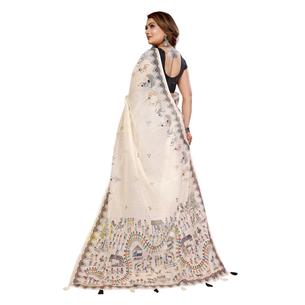 Vaystra Linen Cotton Printed Saree With Unstitched Blouse 5.5Mtr – Off White