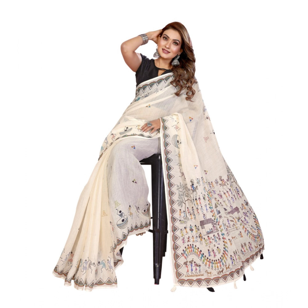 Vaystra Linen Cotton Printed Saree With Unstitched Blouse 5.5Mtr – Off White