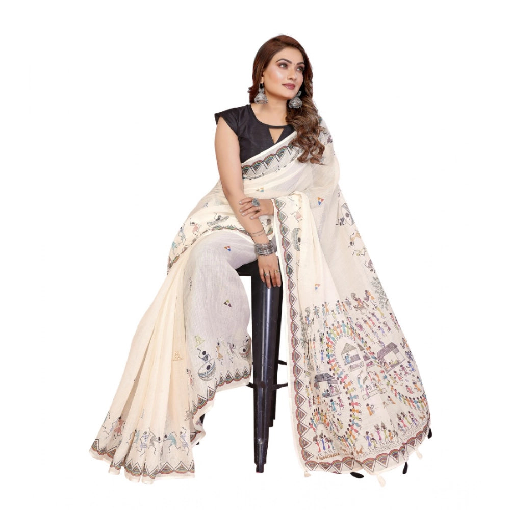 Vaystra Linen Cotton Printed Saree With Unstitched Blouse 5.5Mtr – Off White