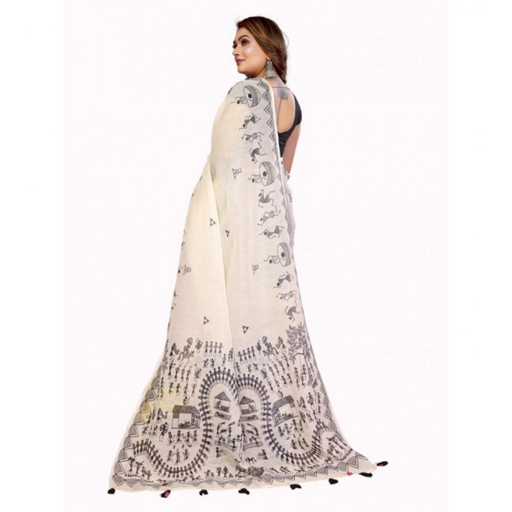 Vaystra Linen Cotton Printed Saree With Unstitched Blouse 5.5Mtr – Off White