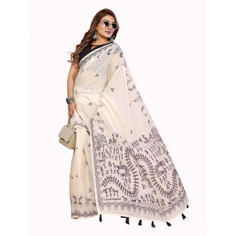 Vaystra Linen Cotton Printed Saree With Unstitched Blouse 5.5Mtr – Off White