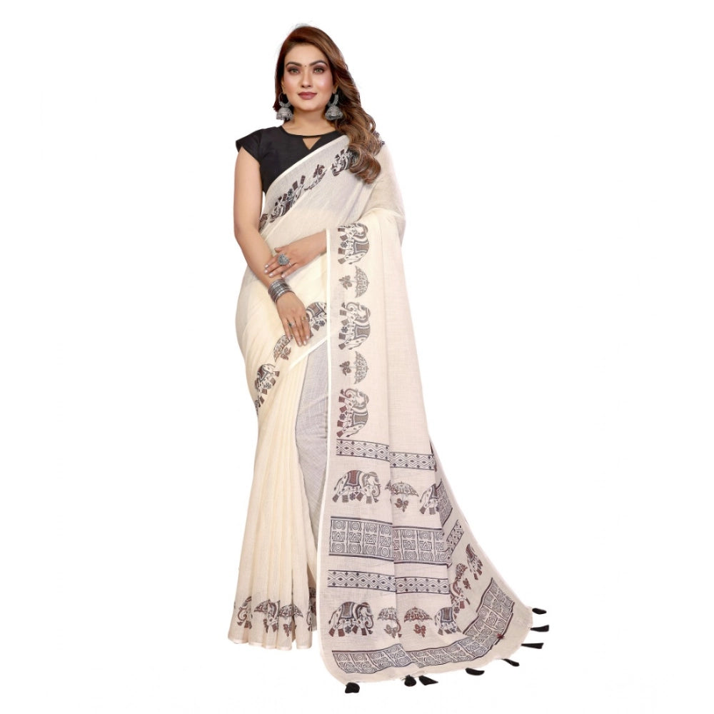 Vaystra Linen Cotton Printed Saree With Unstitched Blouse 5.5Mtr – Off White
