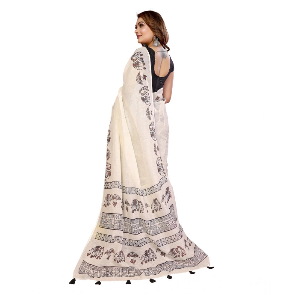 Vaystra Linen Cotton Printed Saree With Unstitched Blouse 5.5Mtr – Off White