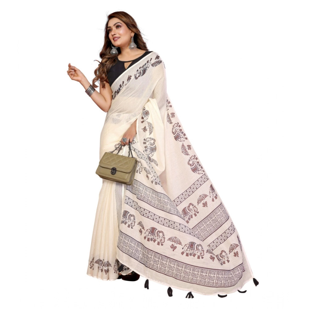 Vaystra Linen Cotton Printed Saree With Unstitched Blouse 5.5Mtr – Off White