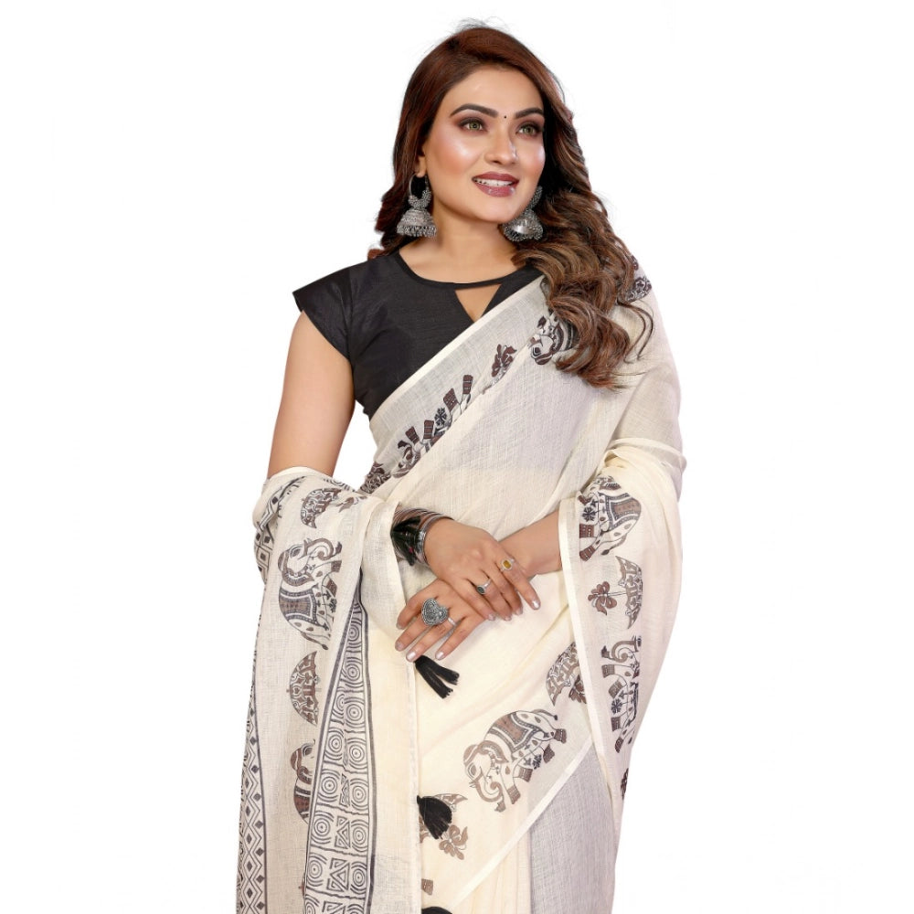Vaystra Linen Cotton Printed Saree With Unstitched Blouse 5.5Mtr – Off White