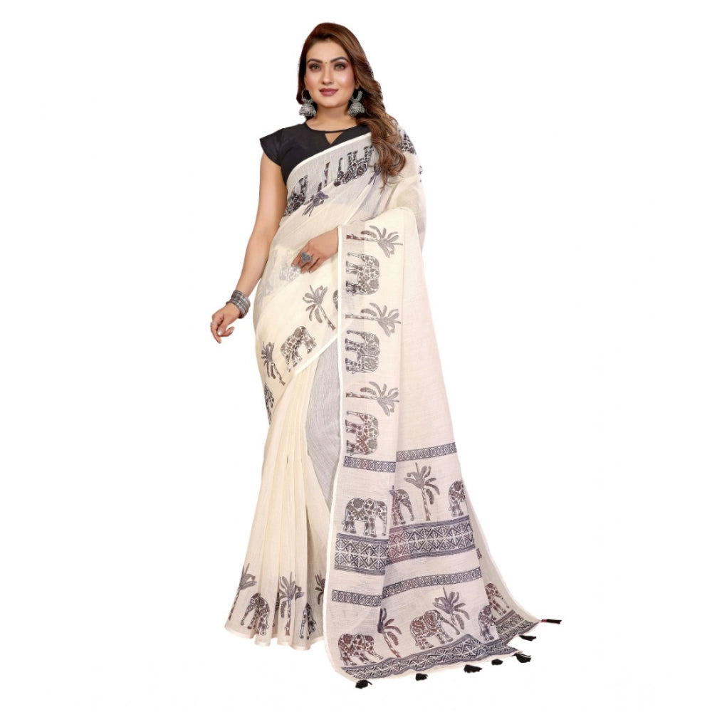 Vaystra Linen Cotton Printed Saree With Unstitched Blouse 5.5Mtr – Off White