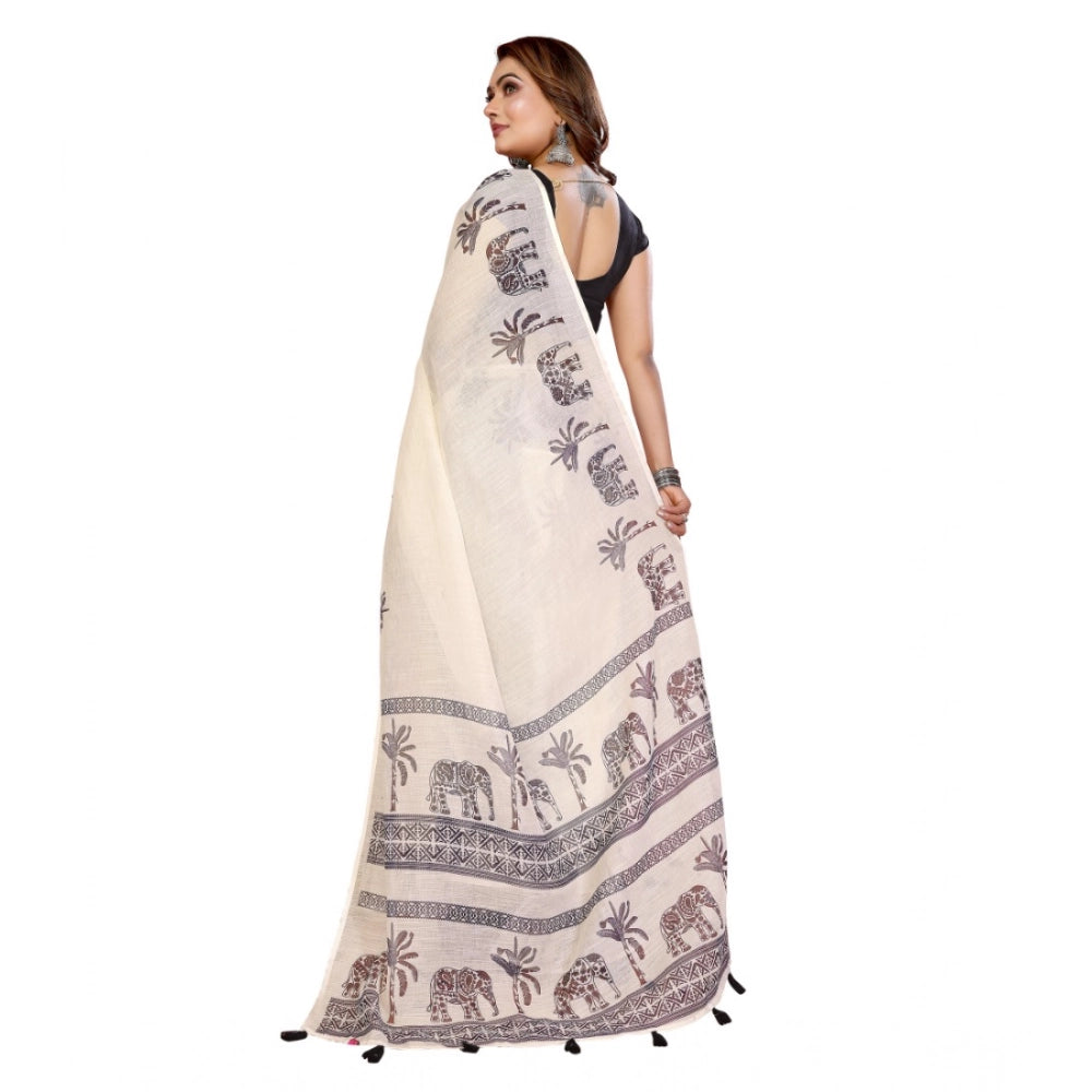 Vaystra Linen Cotton Printed Saree With Unstitched Blouse 5.5Mtr – Off White