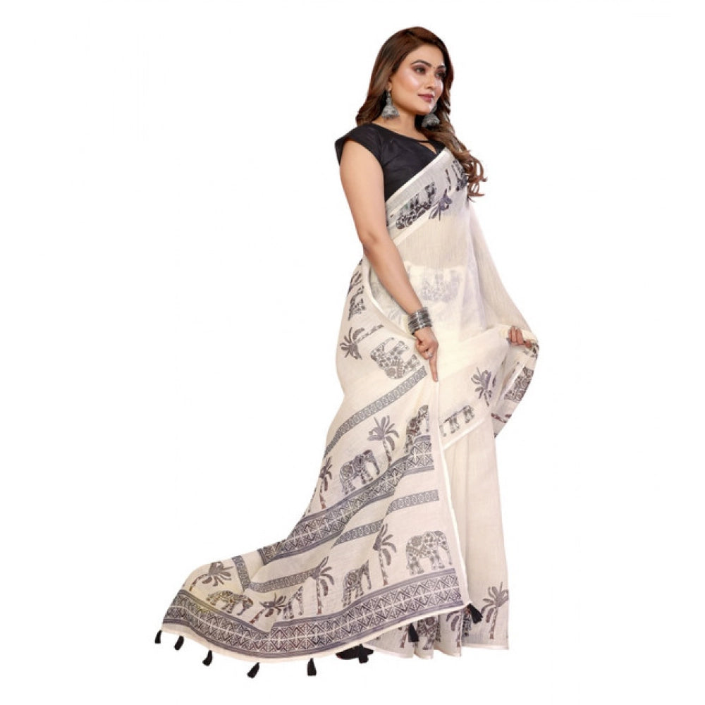 Vaystra Linen Cotton Printed Saree With Unstitched Blouse 5.5Mtr – Off White