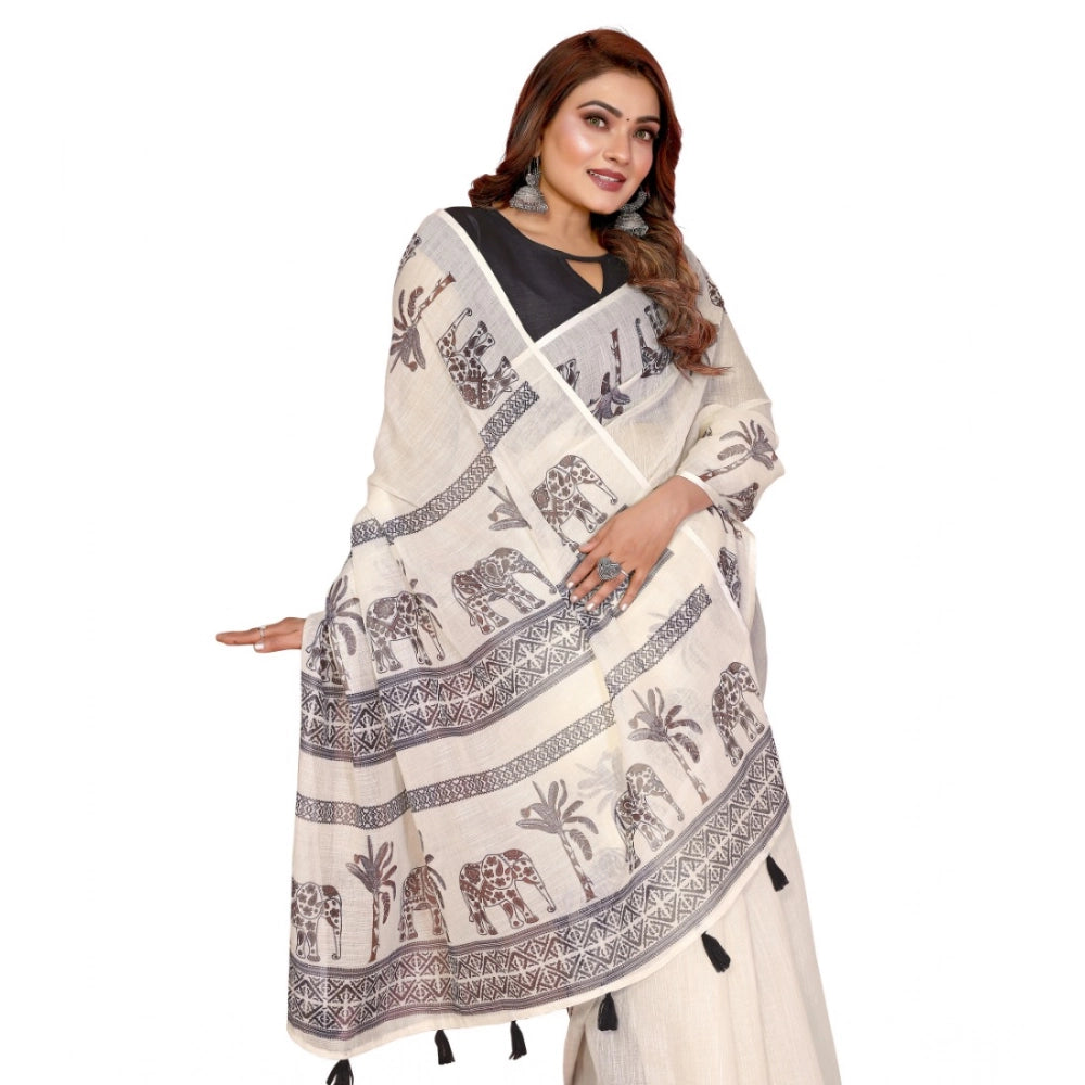 Vaystra Linen Cotton Printed Saree With Unstitched Blouse 5.5Mtr – Off White
