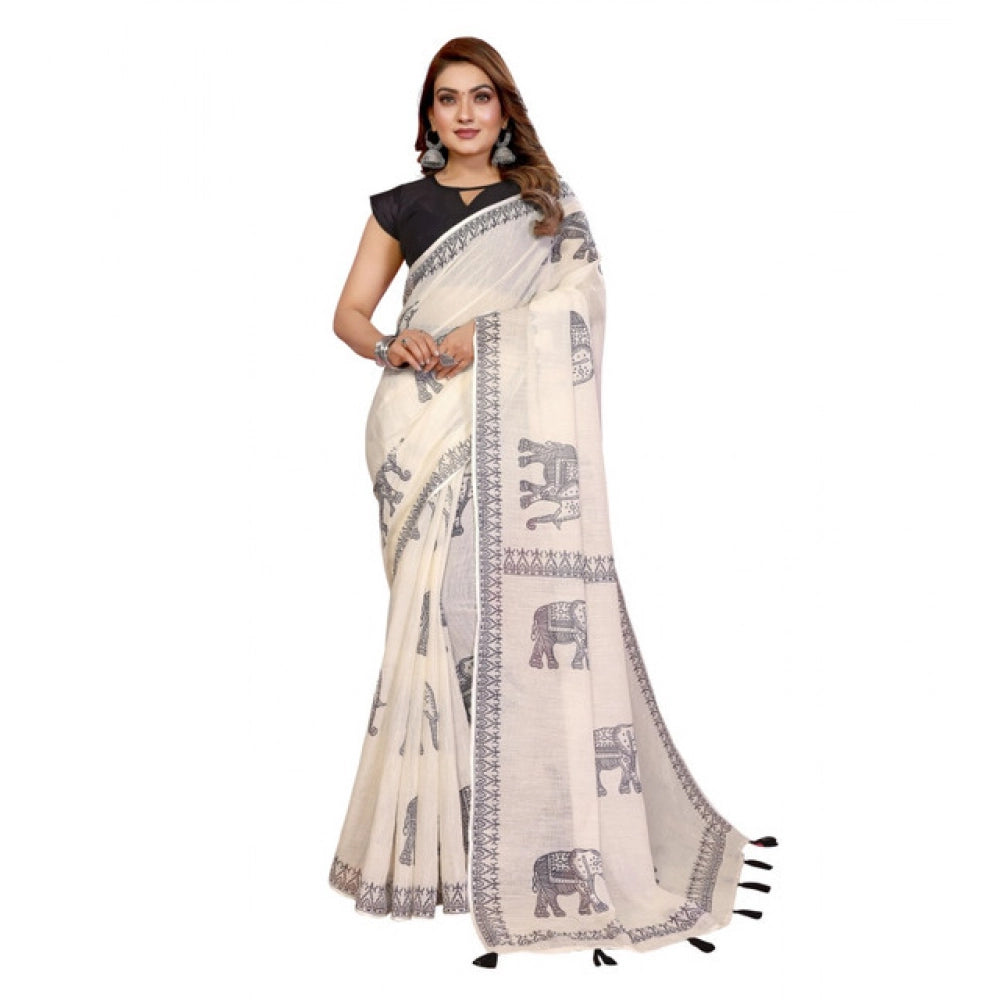 Vaystra Linen Cotton Printed Saree With Unstitched Blouse 5.5Mtr – Off White