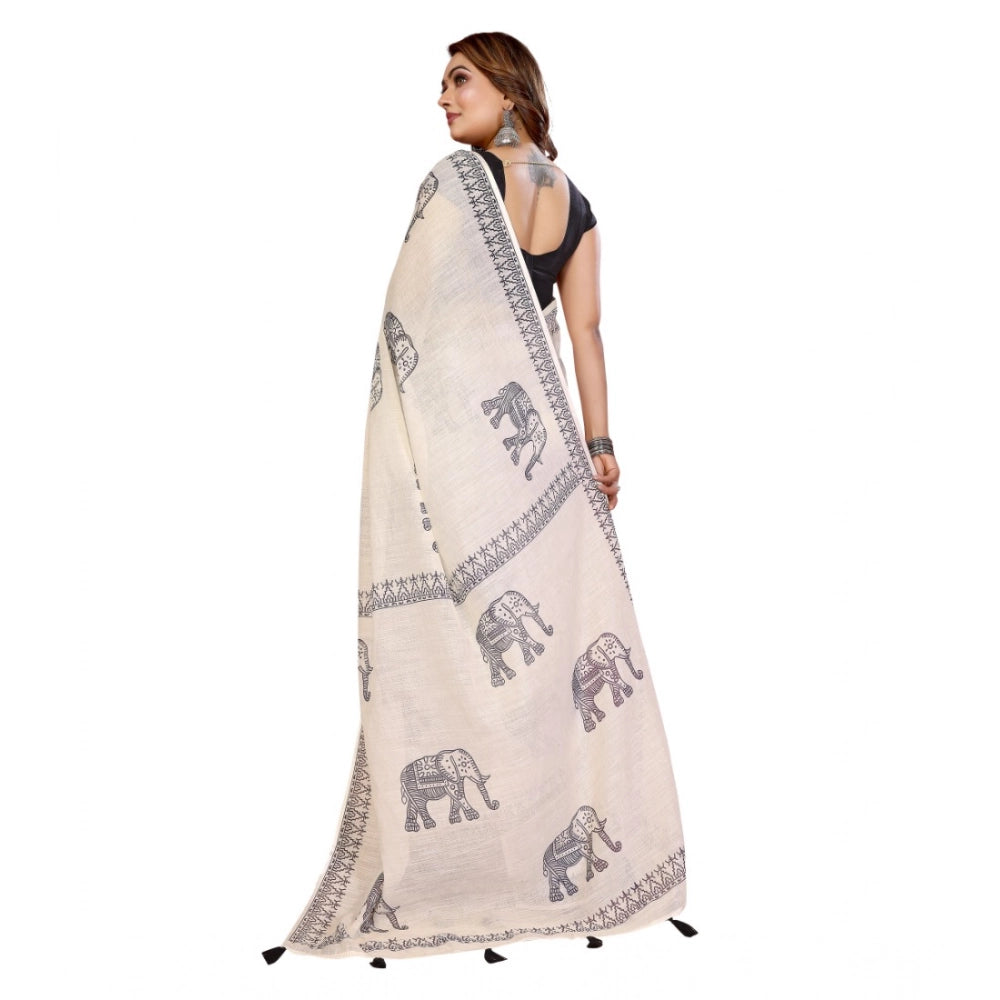 Vaystra Linen Cotton Printed Saree With Unstitched Blouse 5.5Mtr – Off White