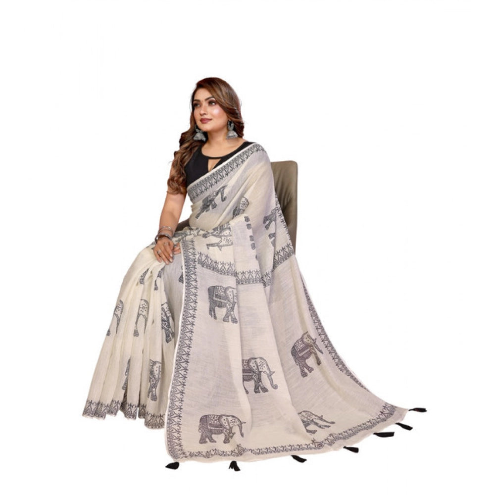 Vaystra Linen Cotton Printed Saree With Unstitched Blouse 5.5Mtr – Off White
