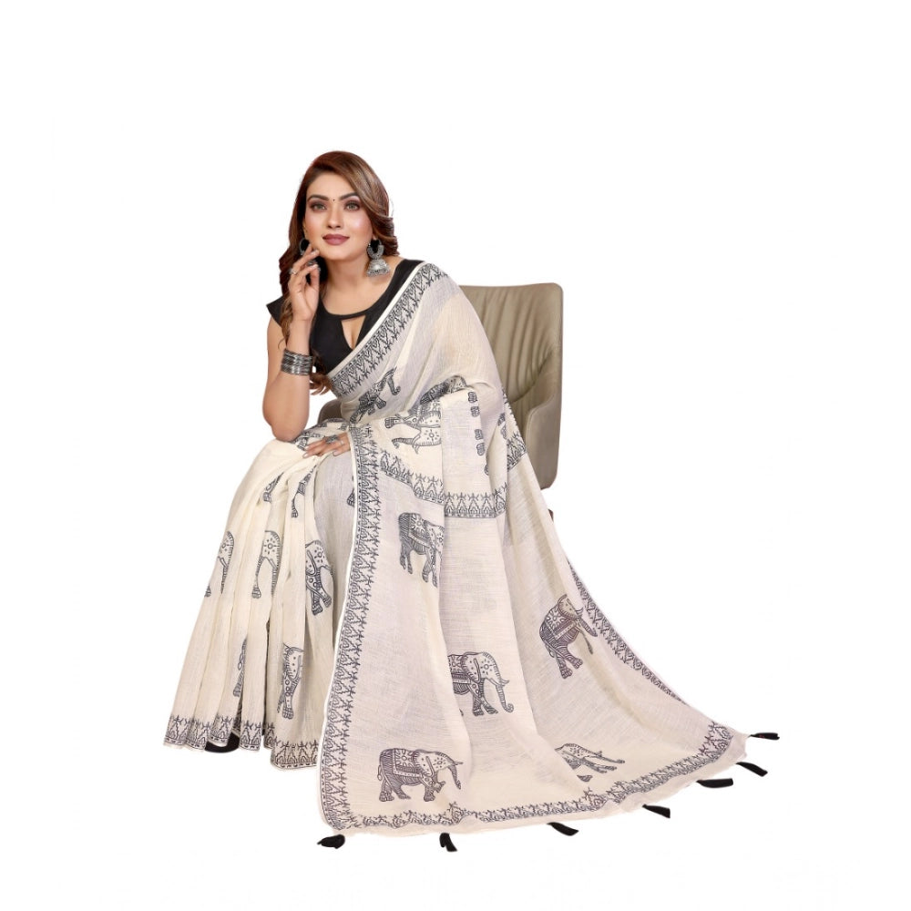 Vaystra Linen Cotton Printed Saree With Unstitched Blouse 5.5Mtr – Off White
