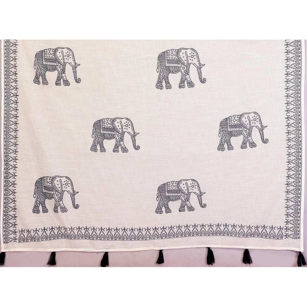 Vaystra Linen Cotton Printed Saree With Unstitched Blouse 5.5Mtr – Off White