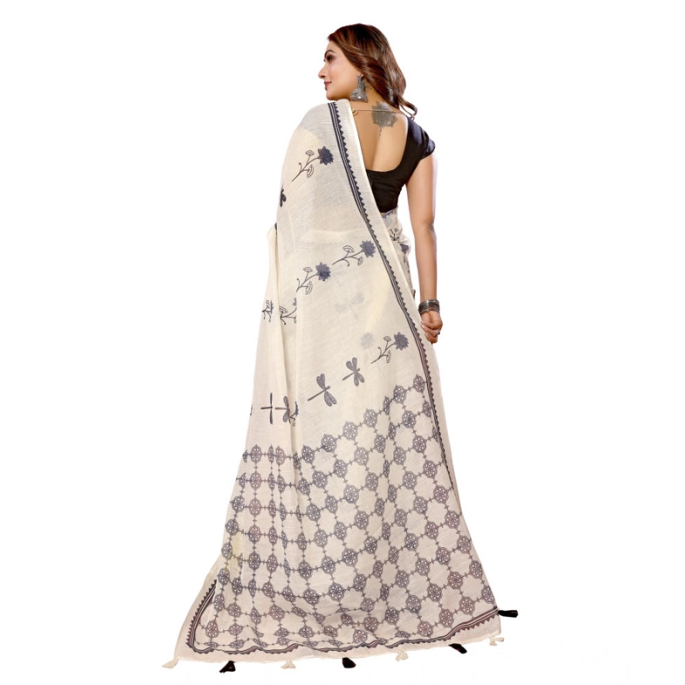 Vaystra Linen Cotton Printed Saree With Unstitched Blouse 5.5Mtr – Off White