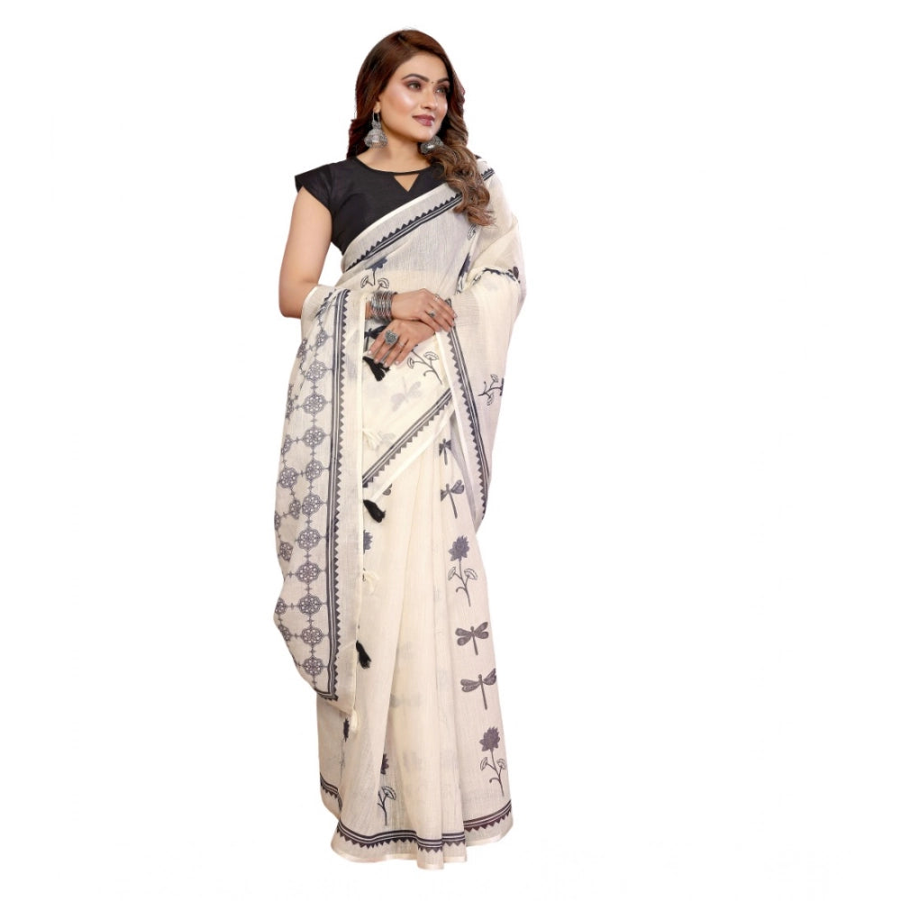 Vaystra Linen Cotton Printed Saree With Unstitched Blouse 5.5Mtr – Off White