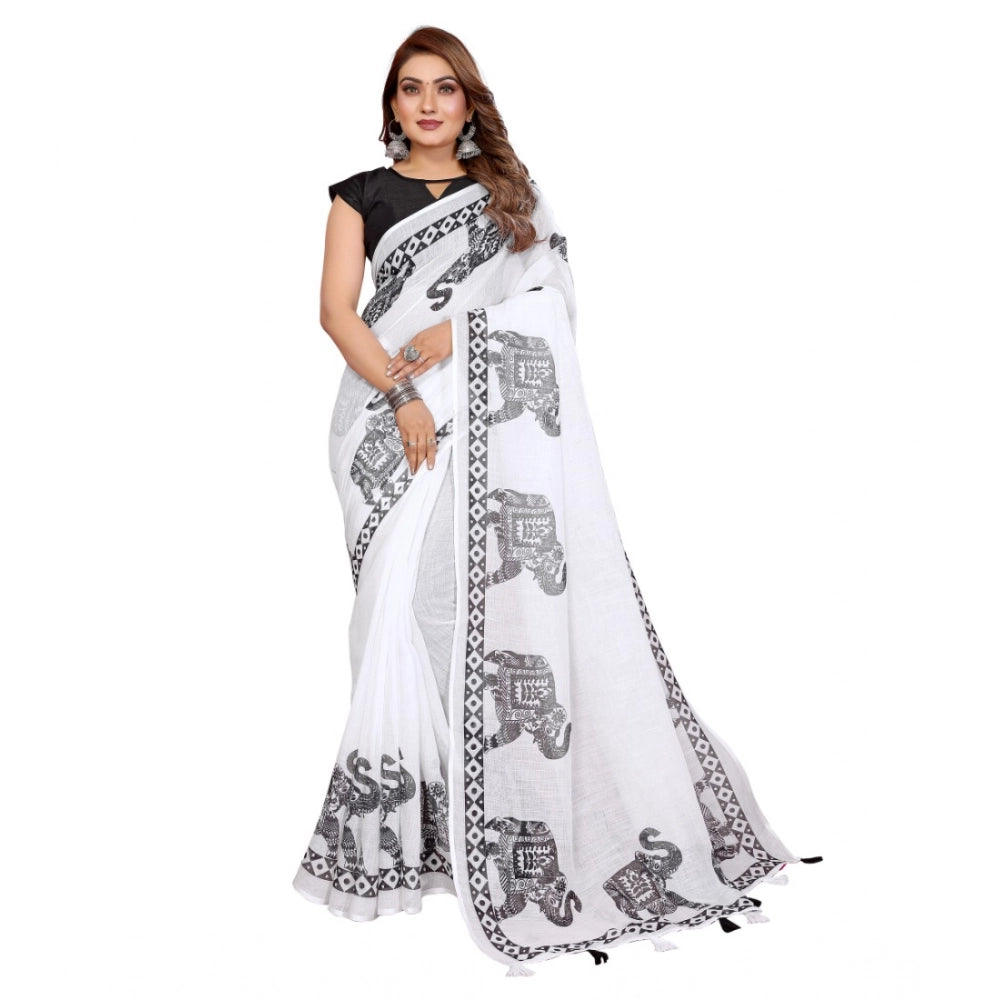 Vaystra Linen Cotton Printed Saree With Unstitched Blouse 5.5Mtr – White