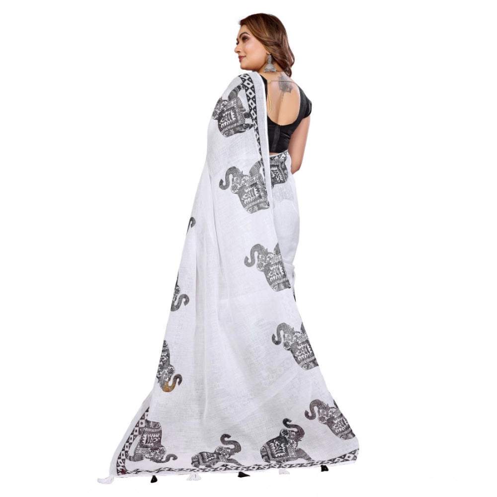 Vaystra Linen Cotton Printed Saree With Unstitched Blouse 5.5Mtr – White