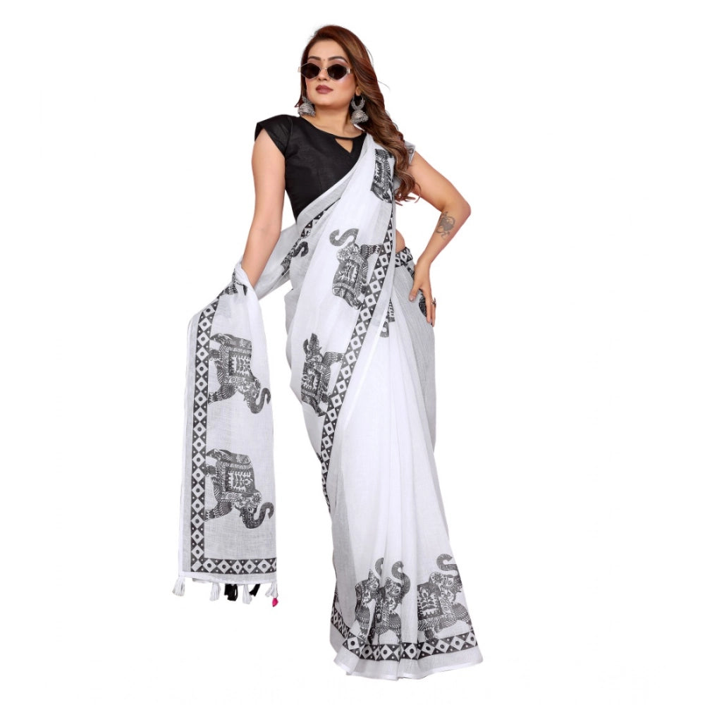 Vaystra Linen Cotton Printed Saree With Unstitched Blouse 5.5Mtr – White