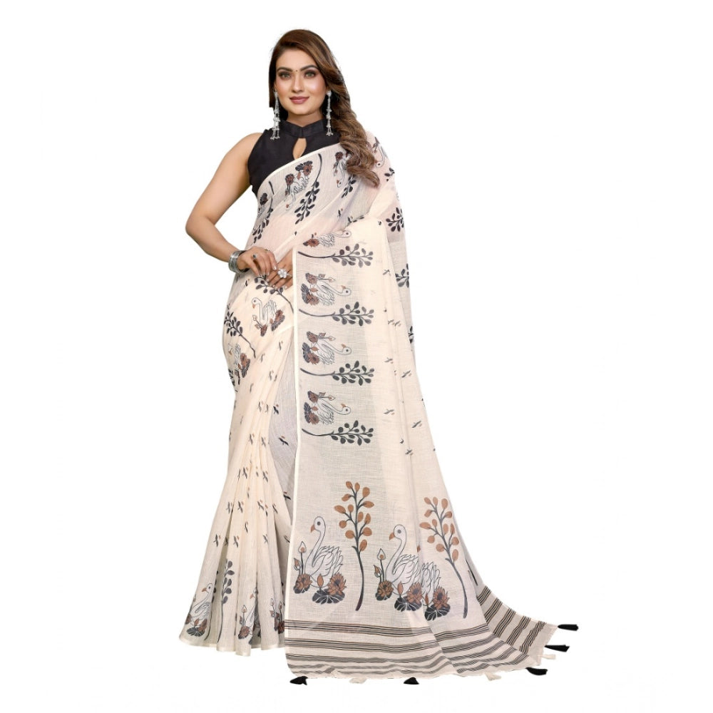 Vaystra Linen Cotton Printed Saree With Unstitched Blouse 5.5Mtr – Off White