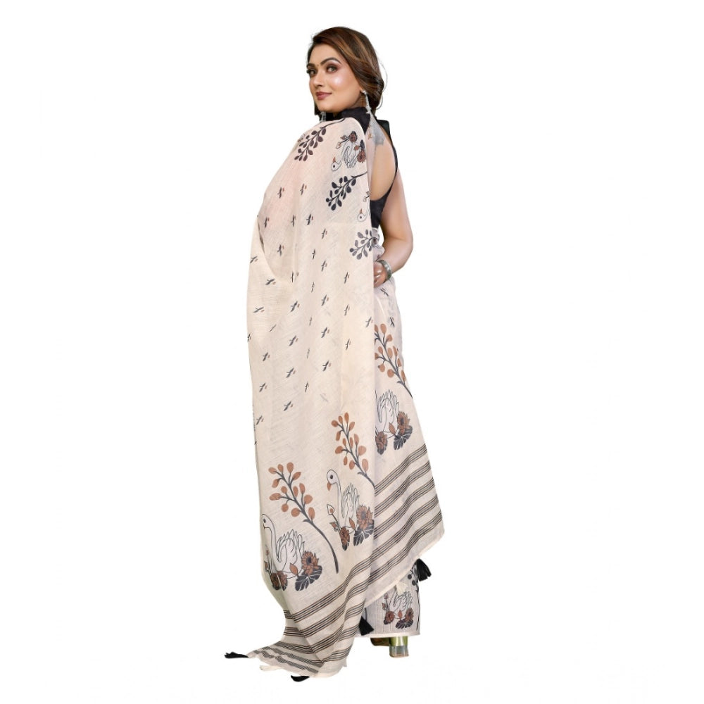 Vaystra Linen Cotton Printed Saree With Unstitched Blouse 5.5Mtr – Off White